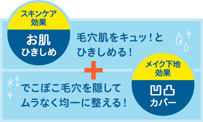 スキンケア効果 お肌ひきしめ 毛穴肌をキュッ!とひきしめる!+メイク下地効果 凹凸カバー でこぼこ毛穴を隠してムラなく均一に整える!