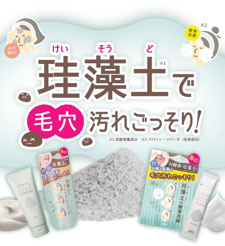 珪藻土※1で毛穴汚れごっそり！　メイク落とし　酵素洗顔※　※1 皮脂吸着成分　※2 パパイン・リパーゼ（洗浄成分）