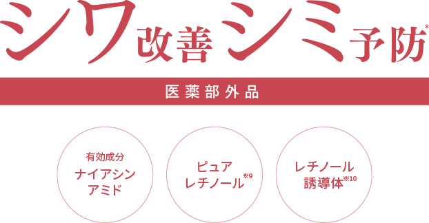 シワ改善シミ予防＊【医薬部外品】有効成分ナイアシンアミド、ピュアレチノール※9、レチノール誘導体※10