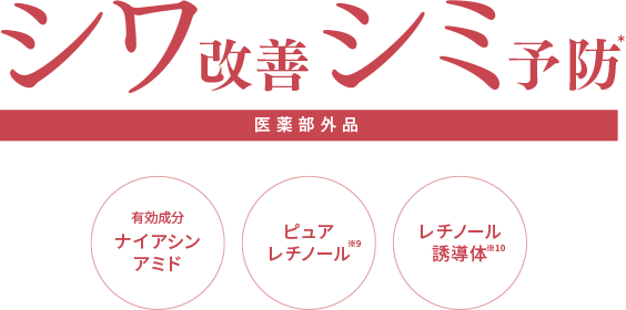 シワ改善シミ予防＊【医薬部外品】有効成分ナイアシンアミド、ピュアレチノール※9、レチノール誘導体※10