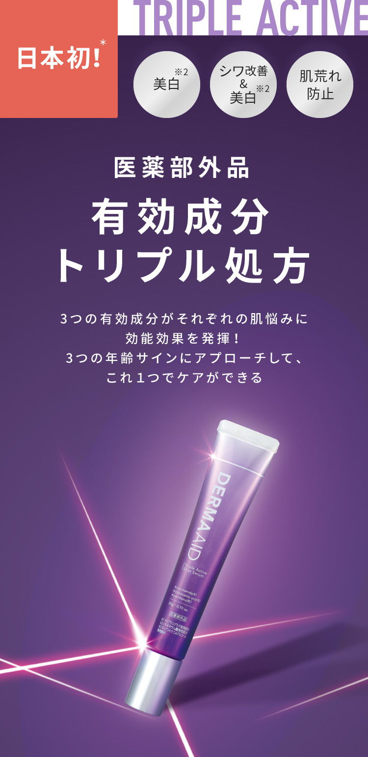 日本初！＊美白※2、シワ改善&美白※2、肌荒れ防止　医薬部外品有効成分トリプル処方　3つの有効成分がそれぞれの肌悩みに効能効果を発揮！3つの年齢サインにアプローチして、これ１つでケアができる