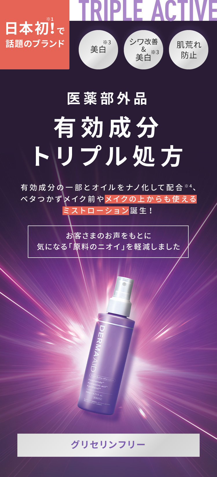 日本初!※1で話題のブランド TRIPLE ACTIVE 美白※3、シワ改善&美白※3、肌荒れ防止 医薬部外品有効成分トリプル処方 有効成分の一部とオイルをナノ化して配合※4、ベタつかずメイク前やメイクの上からも使えるミストローション誕生!「お客さまのお声をもとに気になる「原料のニオイ」を軽減しました」【グリセリンフリー】
