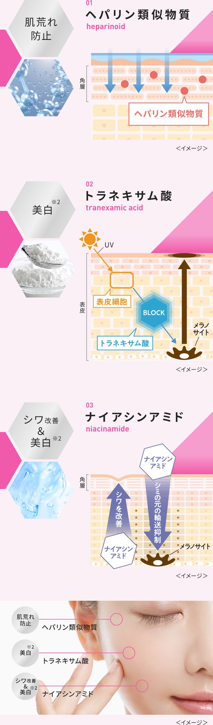 肌荒れ防止 01 ヘパリン類似物質 heparinoid、美白※2、02 トラネキサム酸 tranexamic acid、シワ改善&美白※2 03 ナイアシンアミド niacinamide<イメージ>