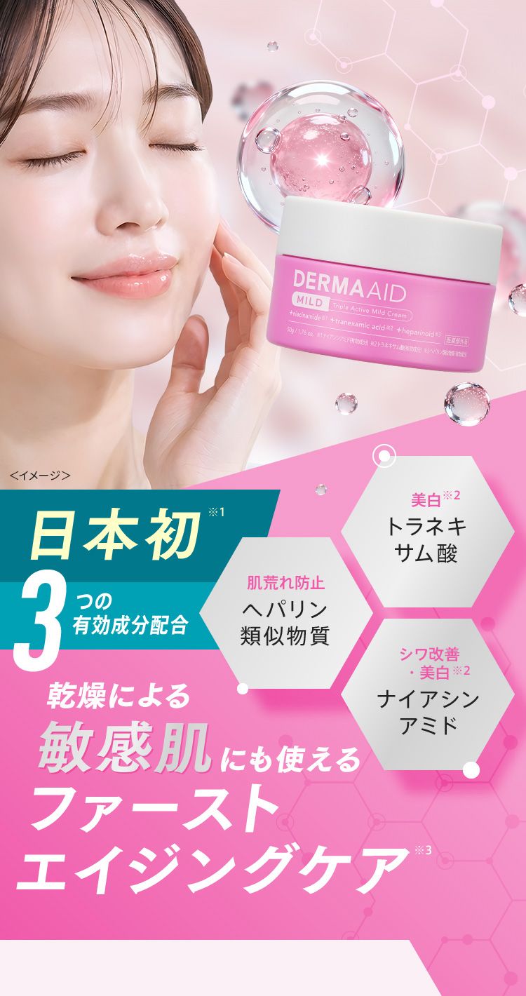日本初※1 3つの有効成分配合「肌荒れ防止 へパリン類似物質」「美白※2 トラネキサム酸」「シワ改善・美白※2 ナイアシンアミド」乾燥による敏感肌にも使えるファーストエイジングケア※3