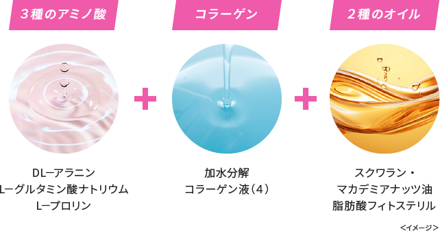 【3種のアミノ酸】DL-アラニン、L-グルタミン酸ナトリウム、L-プロリン【コラーゲン】加水分解コラーゲン液(4)【2種のオイル】スクワラン、マカデミアナッツ油脂肪酸フィトステリル<イメージ>