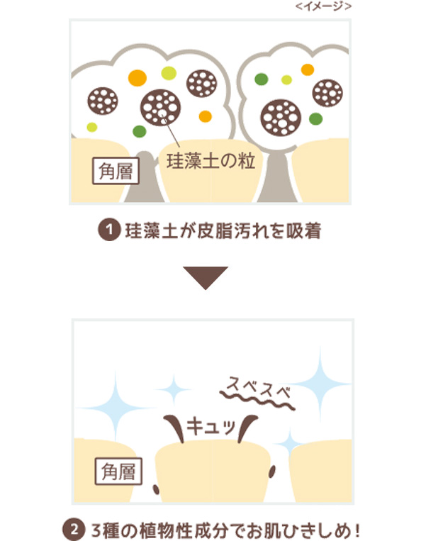 1 珪藻土が皮脂汚れを吸着　2 3種の植物性成分でお肌ひきしめ