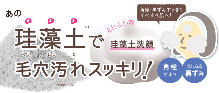 あの珪藻土※1で毛穴汚れスッキリ！珪藻土洗顔　角栓詰まり　気になる黒ずみ　ふわふわ泡　角栓・黒ずみすっきりすべすべ肌へ