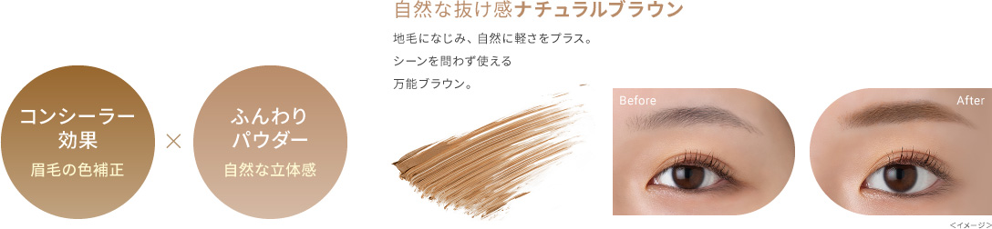 コンシーラー効果：眉毛の色補正×ふんわりパウダー：自然な立体感　自然な抜け感ナチュラルブラウン　地毛になじみ、自然に軽さをプラス。シーンを問わず使える万能ブラウン。