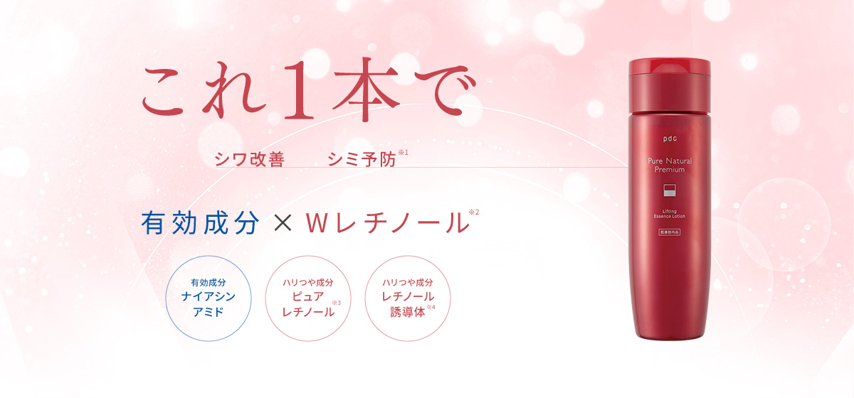 これ1本でシワ改善、シミ予防※1　有効成分 × Wレチノール※2　ナイアシンアミド、ピュアレチノール※3、レチノール誘導体※4
