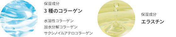 保湿成分 3種のコラーゲン（水溶性コラーゲン、加水分解コラーゲン、サクシノイルアテロコラーゲン）、保湿成分 エラスチン
