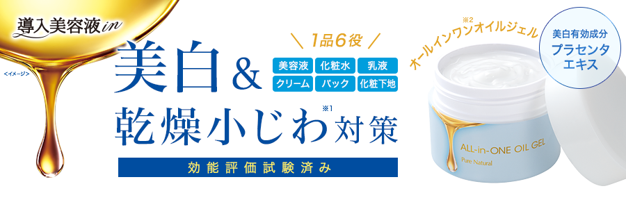 美白＆乾燥小じわ対策　効能評価試験済み　導入美容液in　オールインワン※2オイルジェル　美白有効成分プラセンタエキス　 1品6役　美容液　化粧水　乳液　クリーム　パック　化粧下地